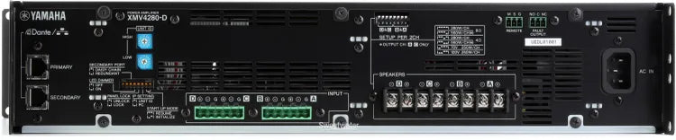 The Yamaha XMV8280-D 8-Channel Stereo Power Amplifier is a Dante model for larger venues where long distance cabling is require capable of 8 x 280W at 8Ω/4Ω; 8 x 250W / 40Ω 100V/70V lines; 4 x 560W at Double Power Mode (8Ω/4Ω).