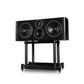 Black three-speaker audio system on a white background