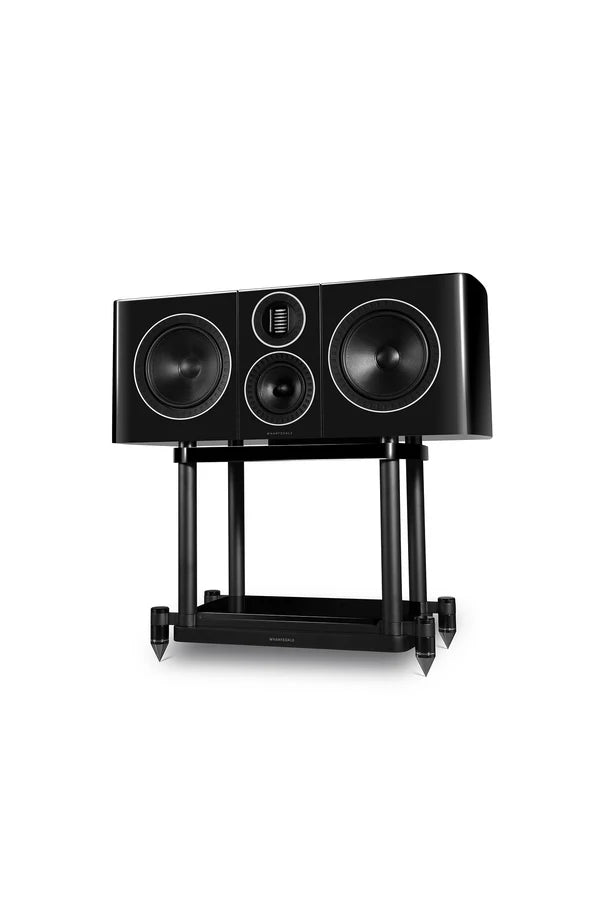 Black three-speaker audio system on a white background