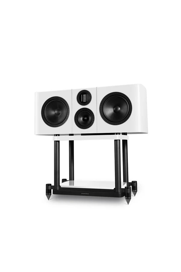 White center channel speaker on a stand with black accents against a white background
