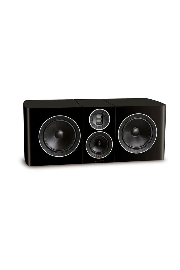 Black three-speaker audio system on a white background