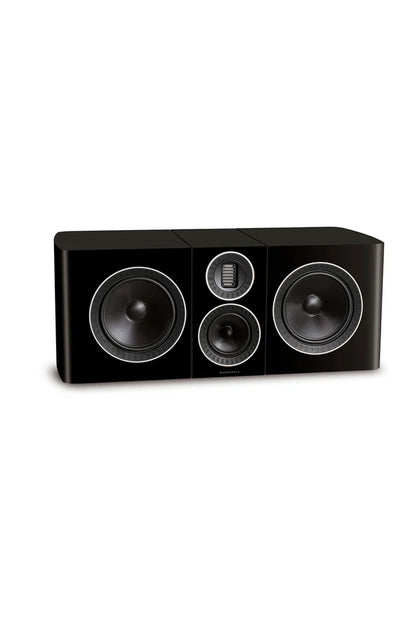 Black three-speaker audio system on a white background
