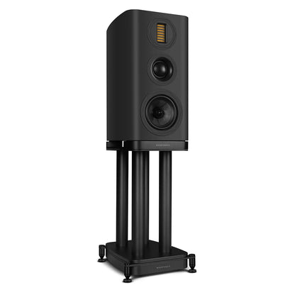 Black speaker on a stand with a white background