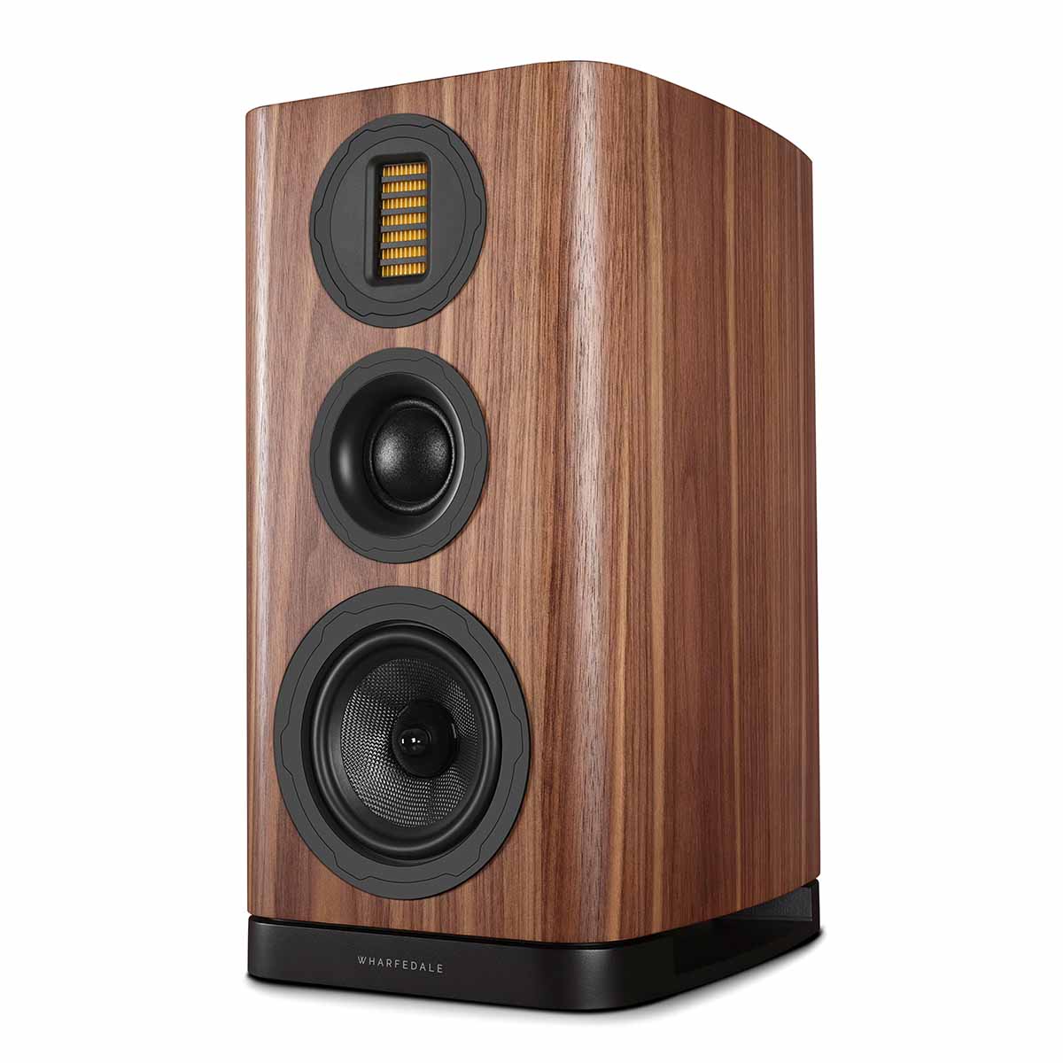 Wooden speaker with black grills on a white background