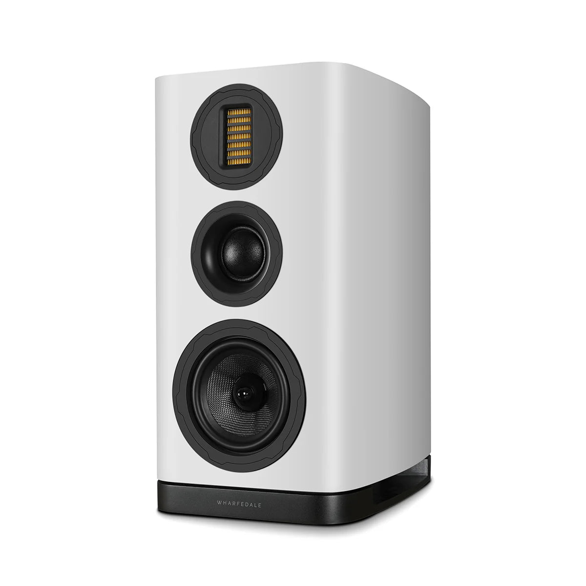 White speaker with black components on a white background