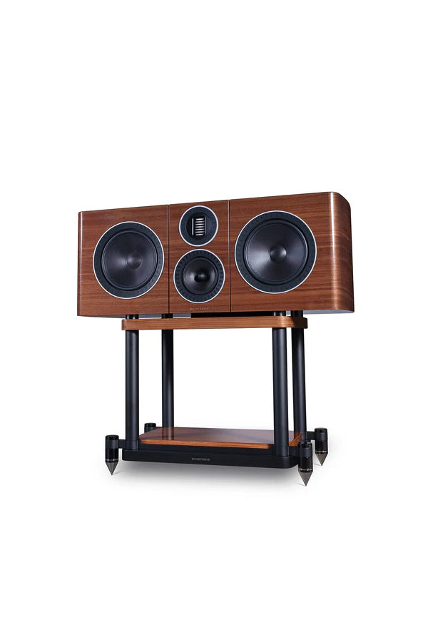 Wooden speaker system with three large speakers on a white background