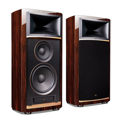 JBL Summit K2 3-Way 15 Inch Reference Floorstanding Speaker Ebony High Gloss- alternate angled front view with grille.