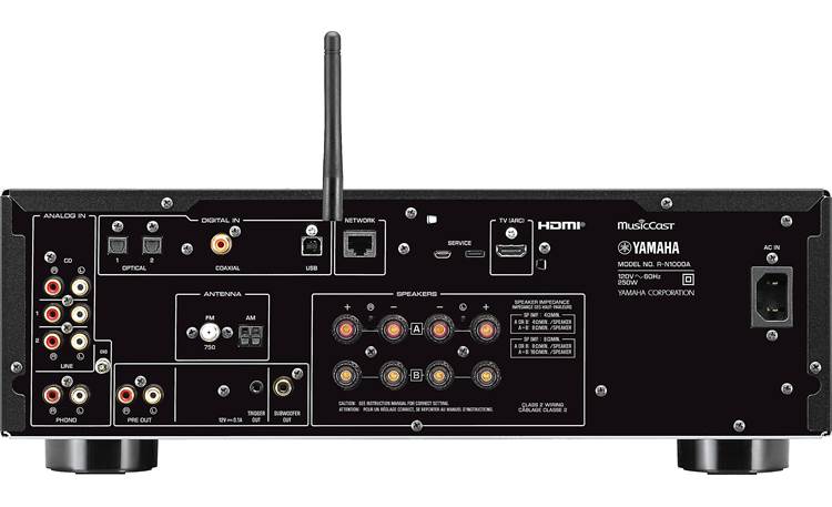 This receiver has you covered when it comes to inputs and outputs. There are three pairs of analog stereo RCA line-level audio inputs for components like CD players and outboard DACs, plus a dedicated phono input for connecting a turntable with a moving magnet cartridge. There's a mono RCA output for adding a powered subwoofer for the bass-heads. And there's a preamp output for sending the signal to a separate power amp, in case the ample 100 watts per channel is still not enough for your power-hungry speak