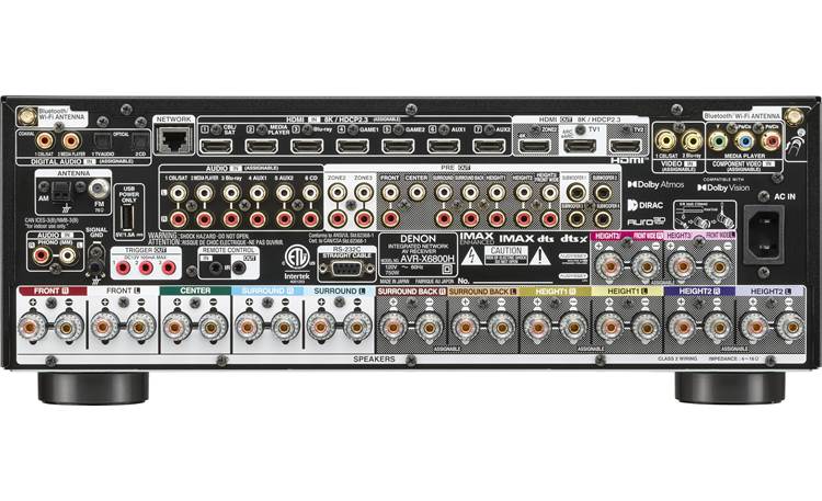 Denon AVR-X6800H 11.4-channel home theater receiver view of the rear connections.