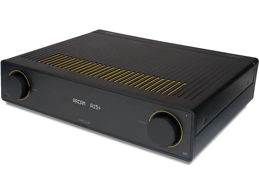 Arcam A15+ Stereo integrated amplifier with built-in DAC, Bluetooth®, Auracast, and HDMI-angled front view