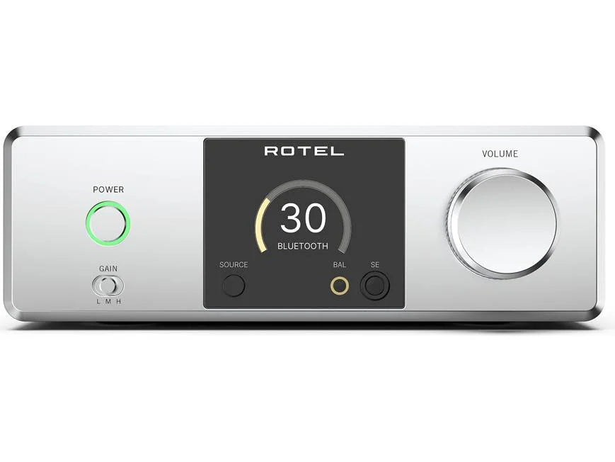 Rotel DX-3 Desktop headphone amplifier/DAC/preamp with built-in Bluetooth front view-silver