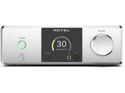 Rotel DX-3 Desktop headphone amplifier/DAC/preamp with built-in Bluetooth front view-silver