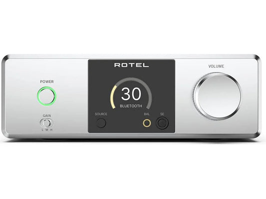 Rotel DX-3 Desktop headphone amplifier/DAC/preamp with built-in Bluetooth front view-silver