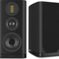 Pair of black Wharfedale speakers on a white background