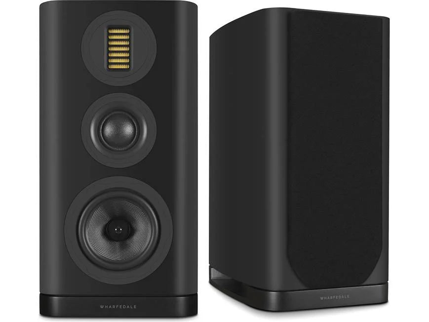Pair of black Wharfedale speakers on a white background