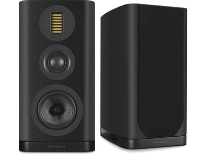 Pair of black Wharfedale speakers on a white background