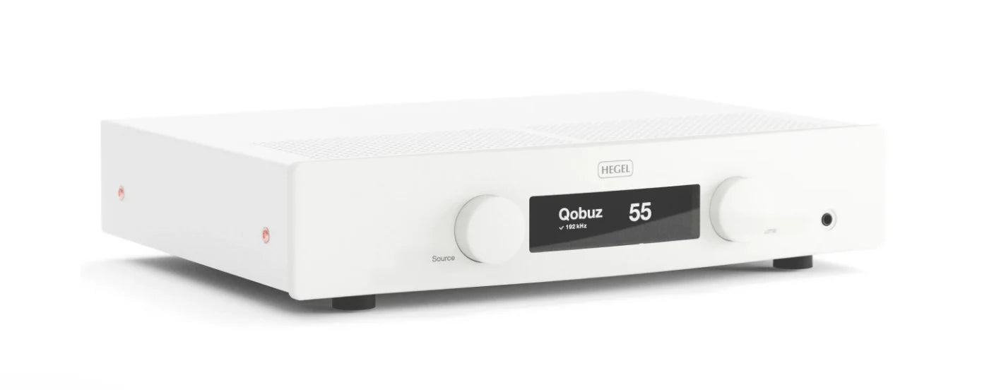 Hegel H150 Streaming Amplifier angled front view-white