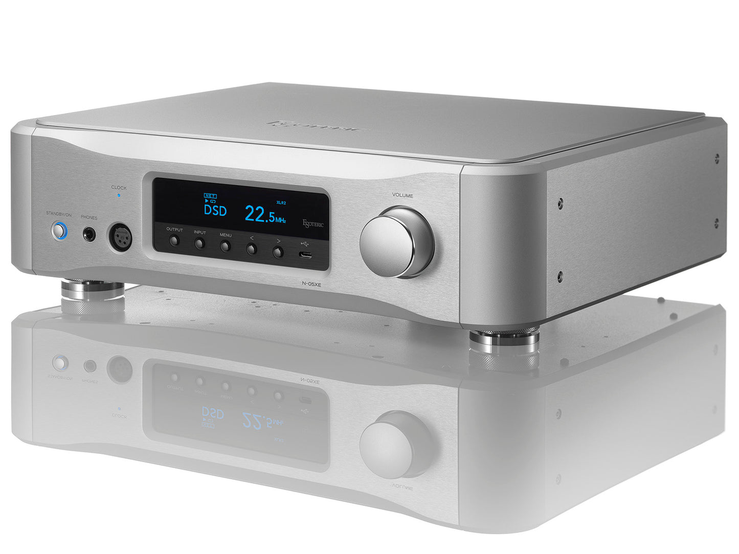Esoteric N-05XE Network player/Pre-amp angled front view silver
