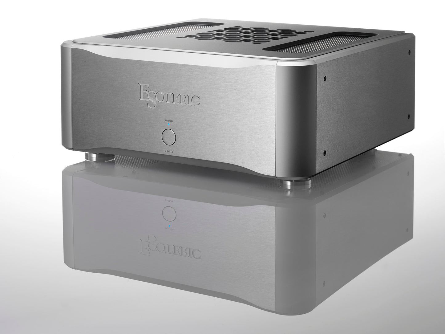 Esoteric S-05XE stereo amplifier angled front view silver
