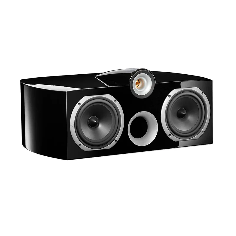 Black center channel speaker with two driver units on a white background
