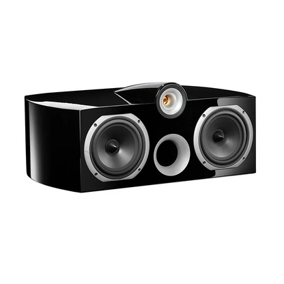 Black center channel speaker with two driver units on a white background