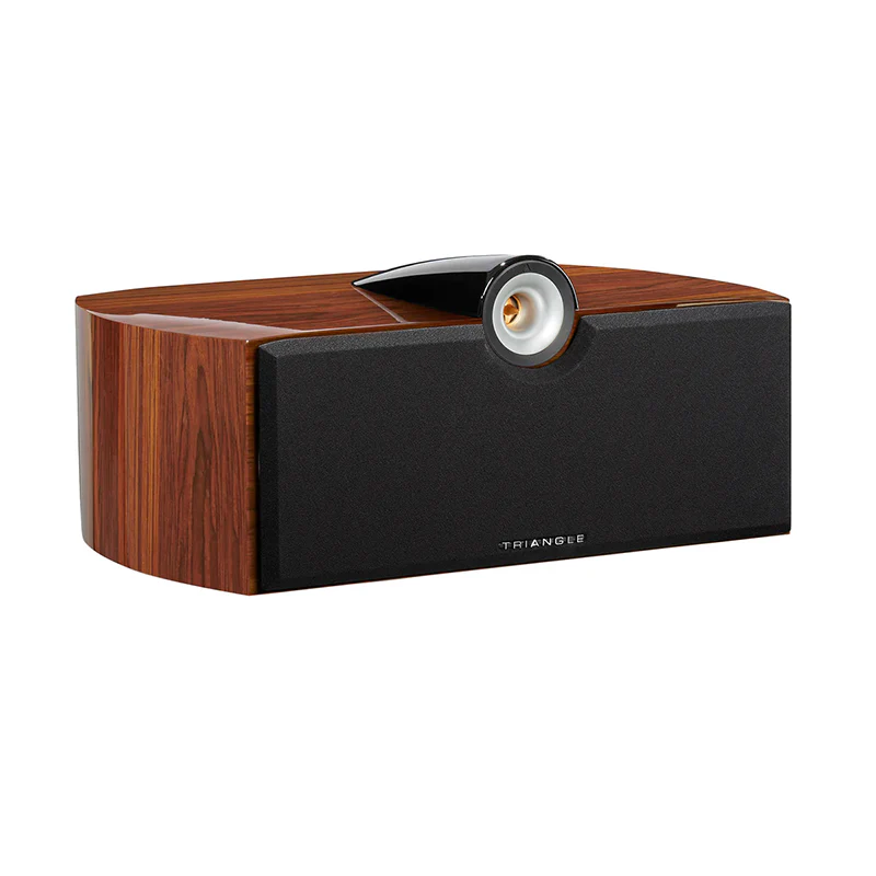 Triadence speaker with wooden and black design on a white background