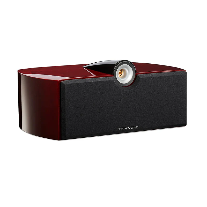 Triange speaker with red and black design on a white background