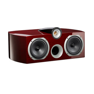 Red cylindrical speaker with two drivers on a white background